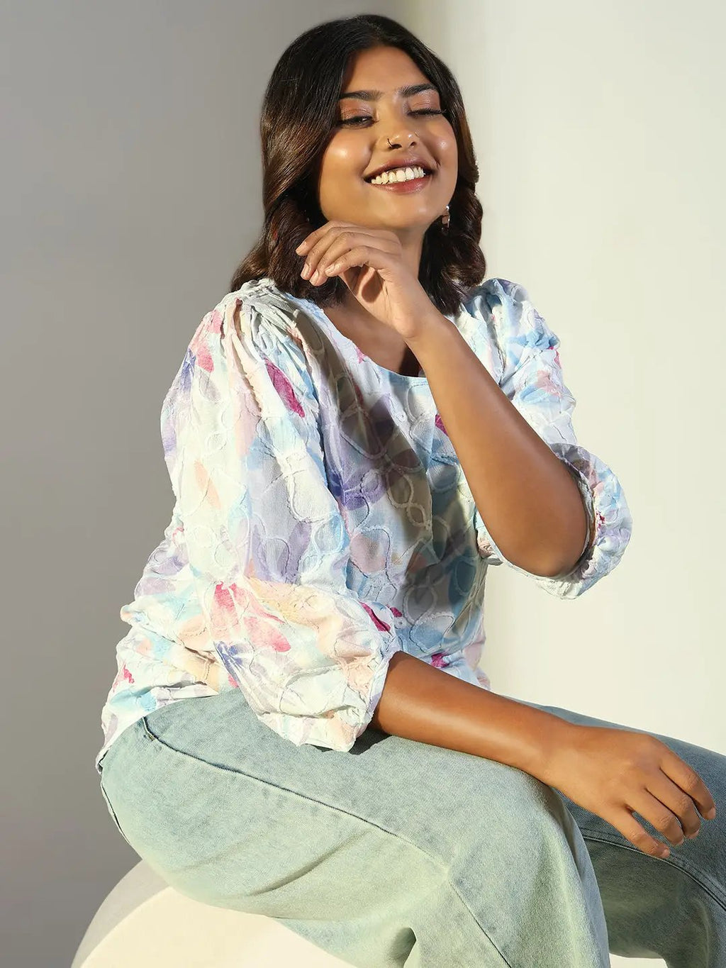 Women's Blue Floral Printed Puff Sleeve Crepe Top