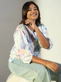 Women's Blue Floral Printed Puff Sleeve Crepe Top