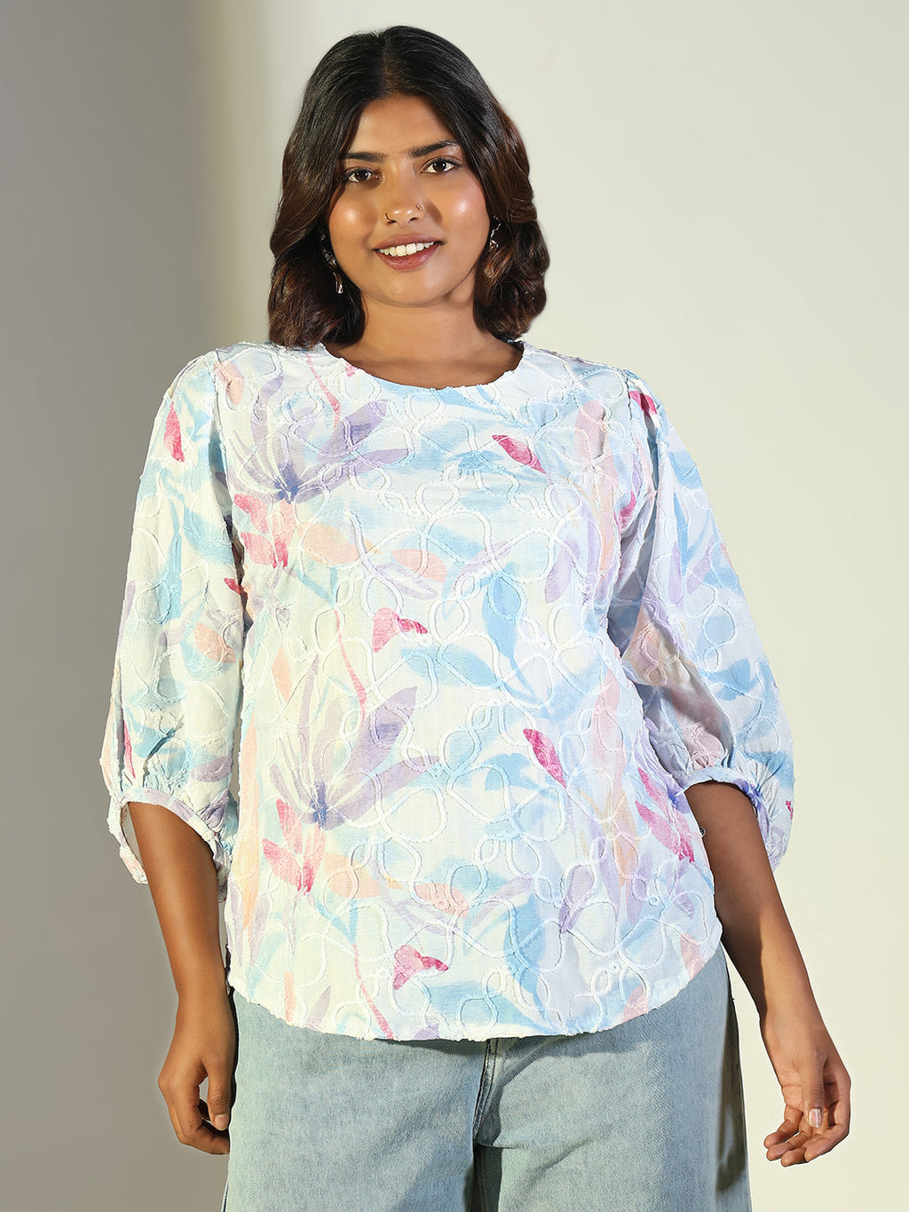 Women's Blue Floral Printed Puff Sleeve Crepe Top