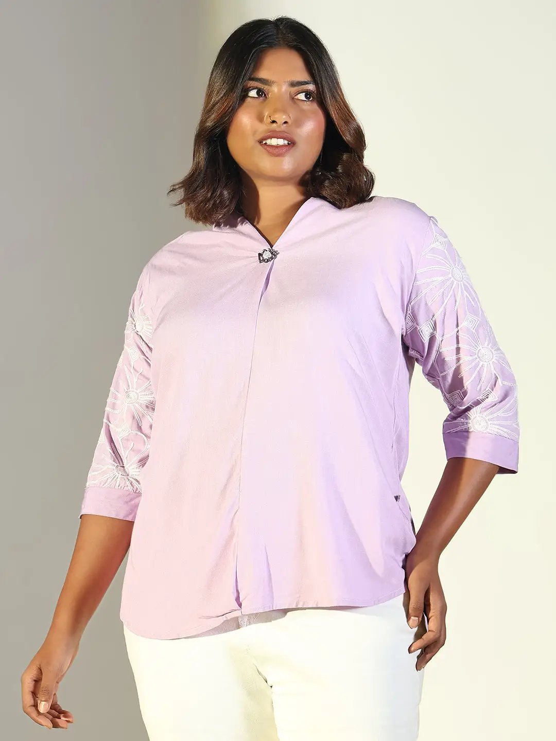 Women's Purple V-Neck Embroidered Cotton Top