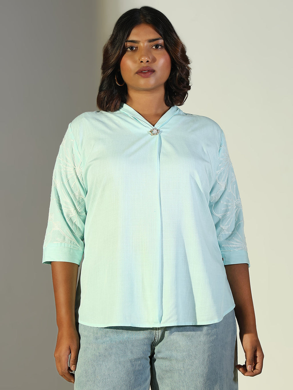 Women's Sea Green Floral Embroidered Cotton Top