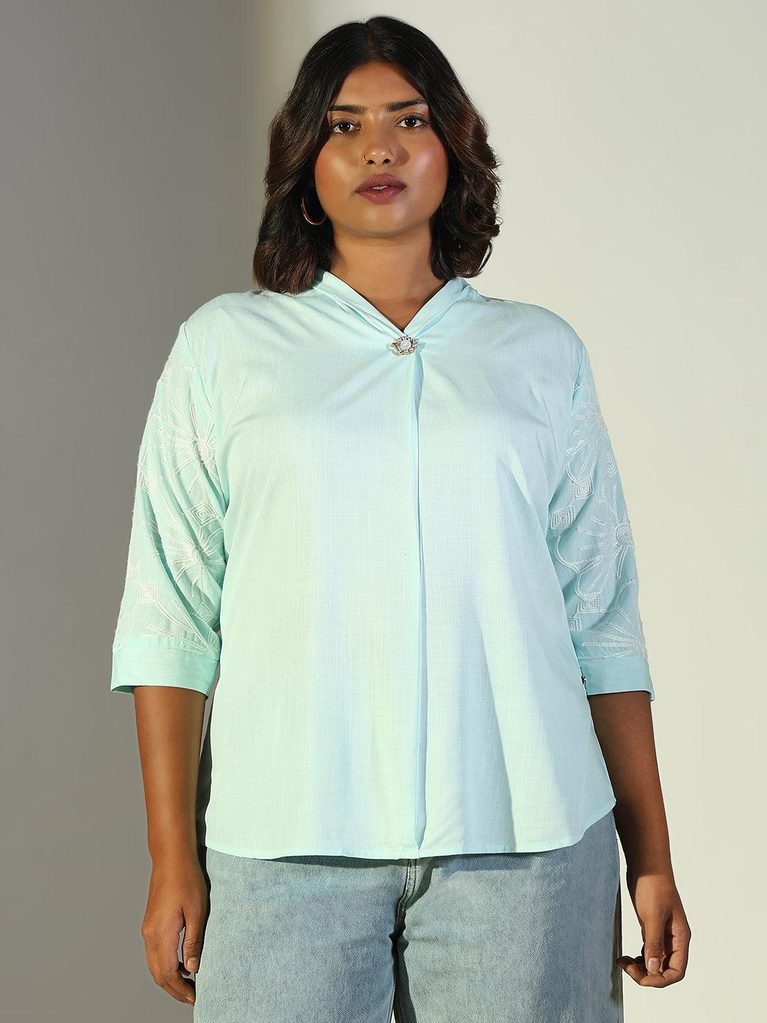 Women's Sea Green Floral Embroidered Cotton Top