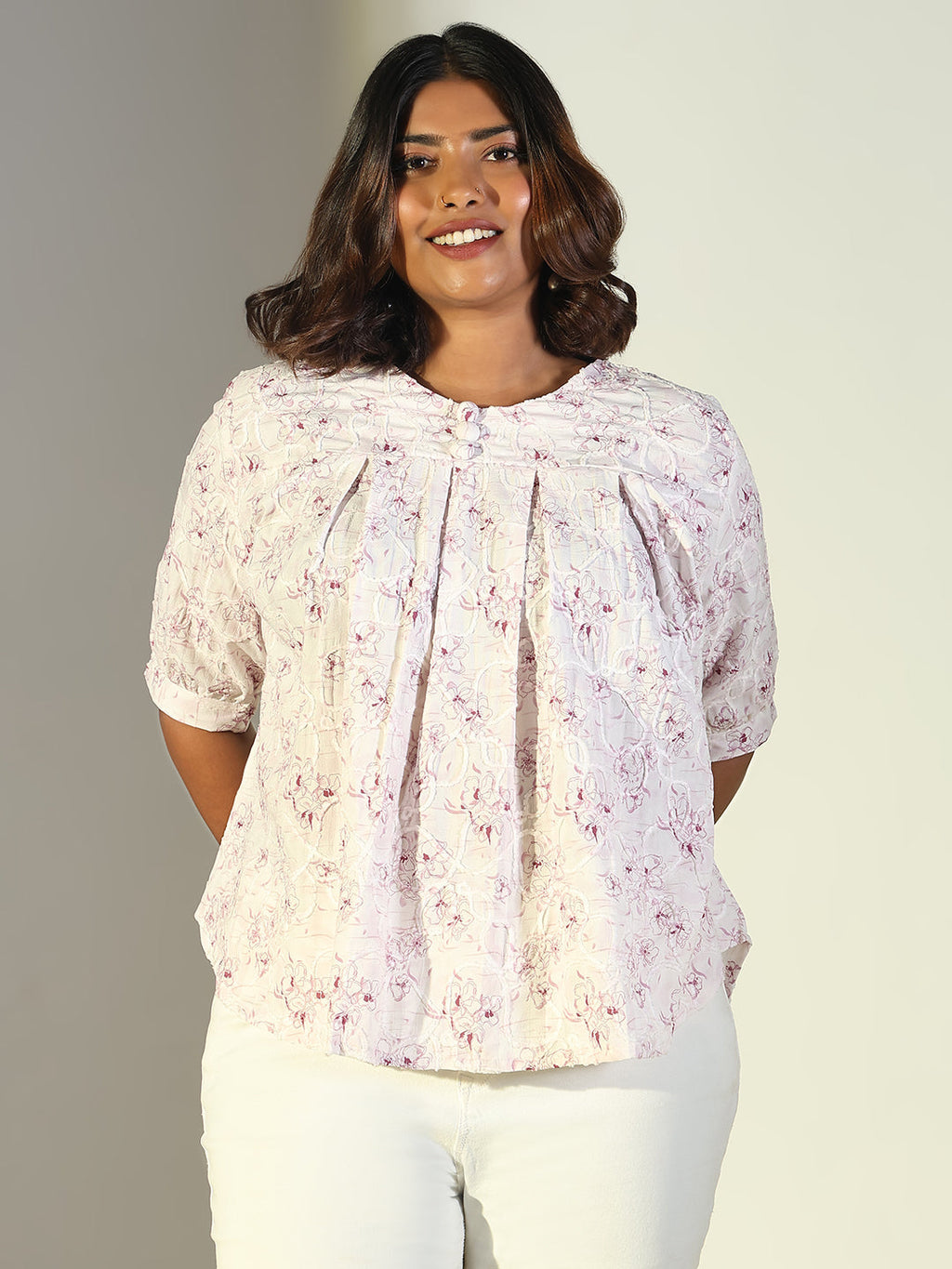 Women's Purple Floral Printed Puff Sleeve Crepe Top