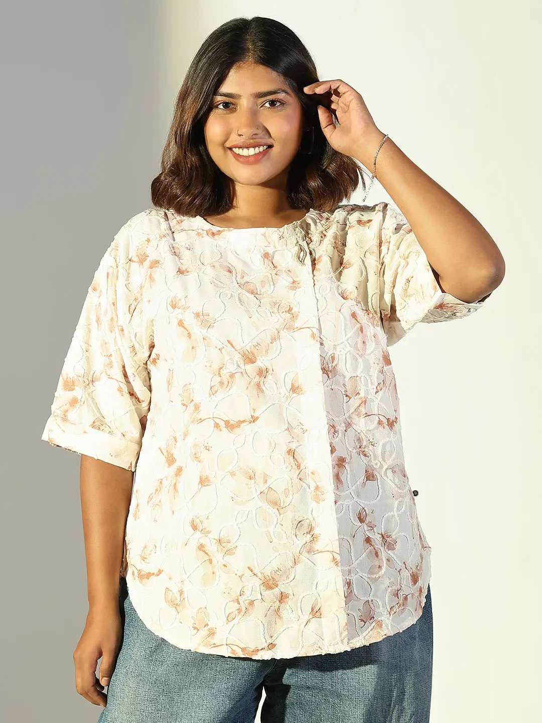 Women's Brown Floral Printed Cotton Top