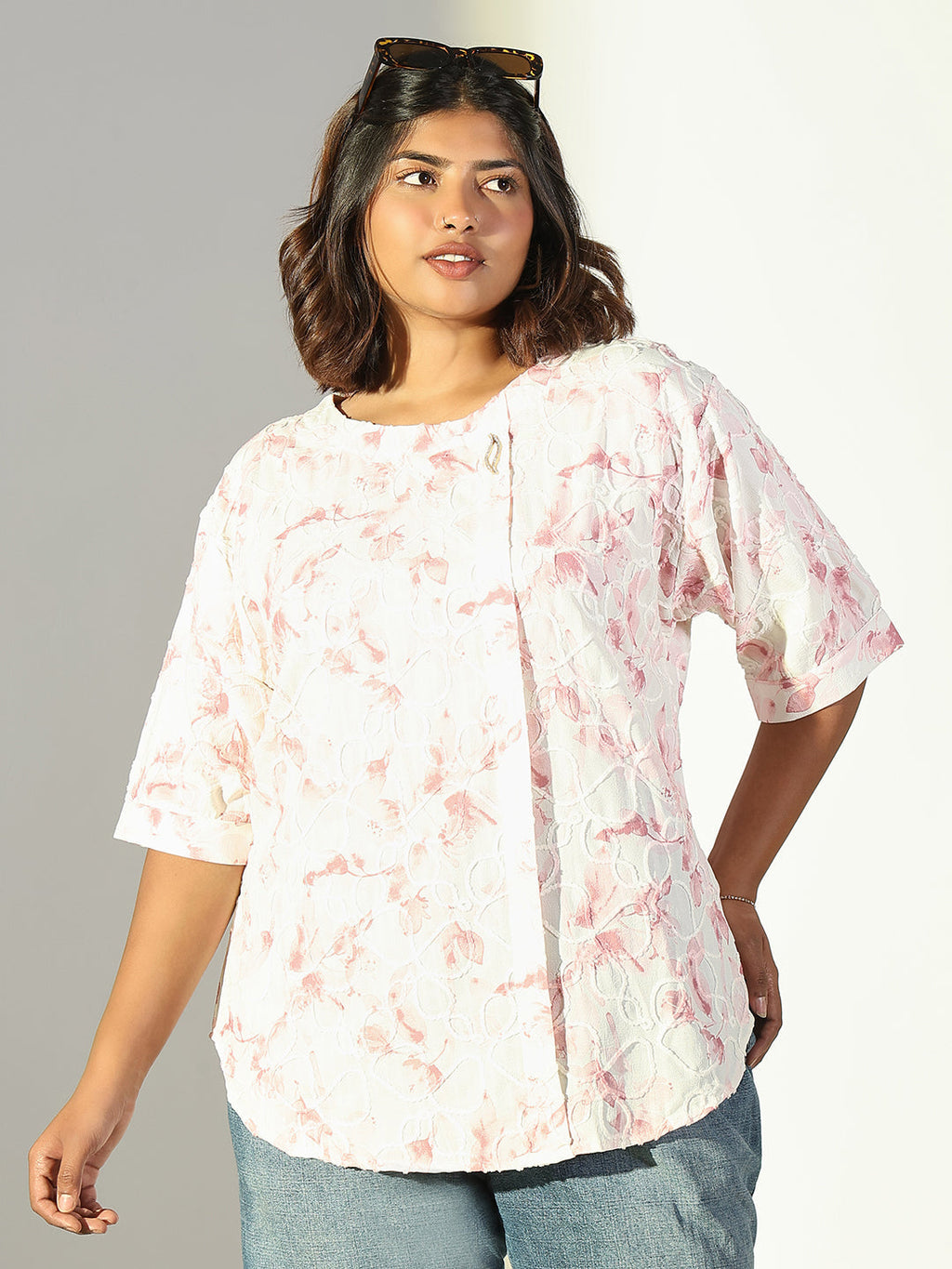 Women's Pink Floral Printed Cotton Regular Top