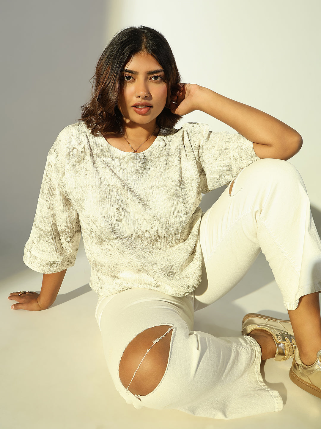 Women's Green Printed Round Neck A-Line Top