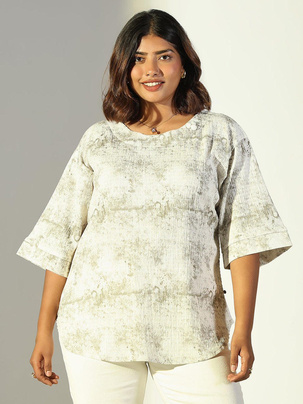 Women's Green Printed Round Neck A-Line Top