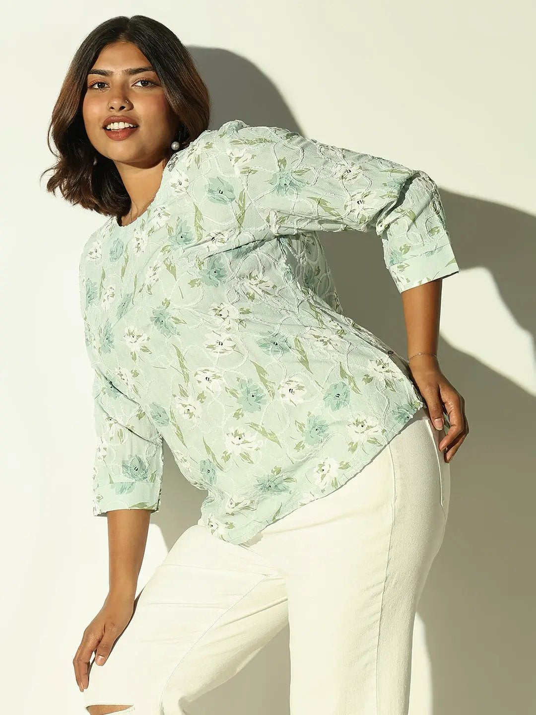 Women's Green Floral Printed Self Design Cotton Top
