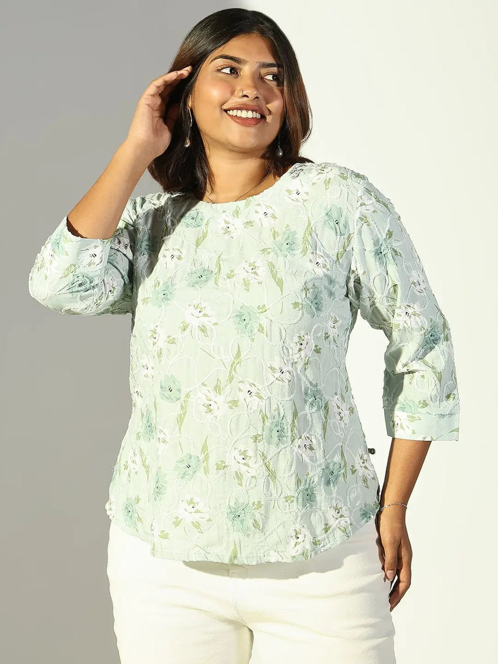 Women's Green Floral Printed Self Design Cotton Top