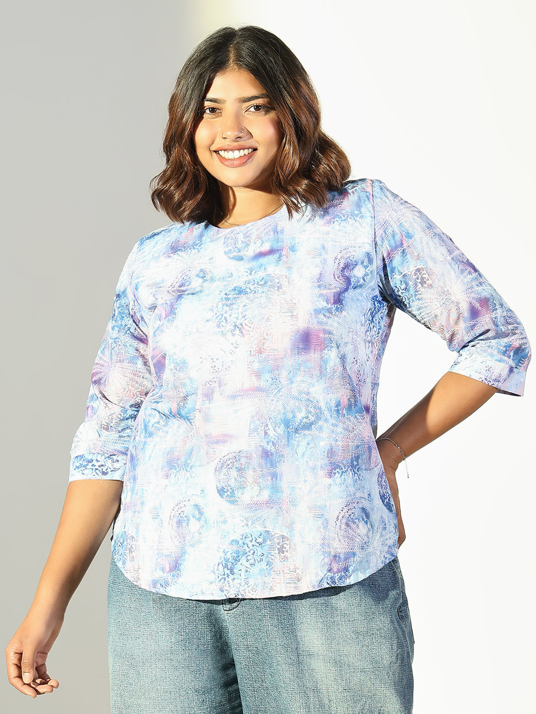 Women's Blue Embroidered Printed Cotton Top