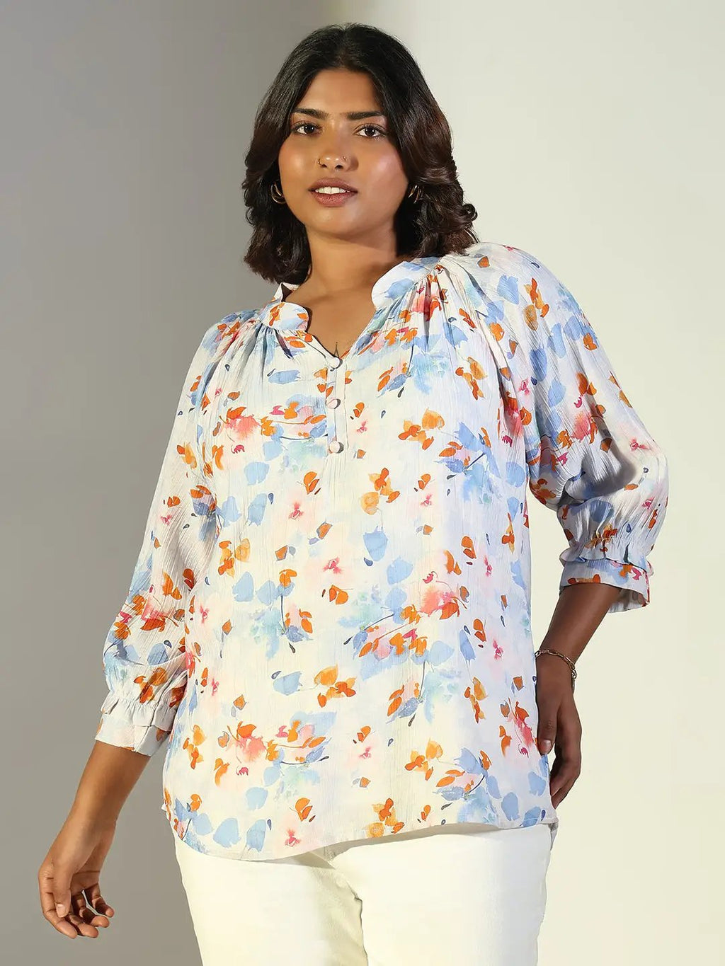 Women's Blue Floral Printed Mandarin Collar Crepe Top