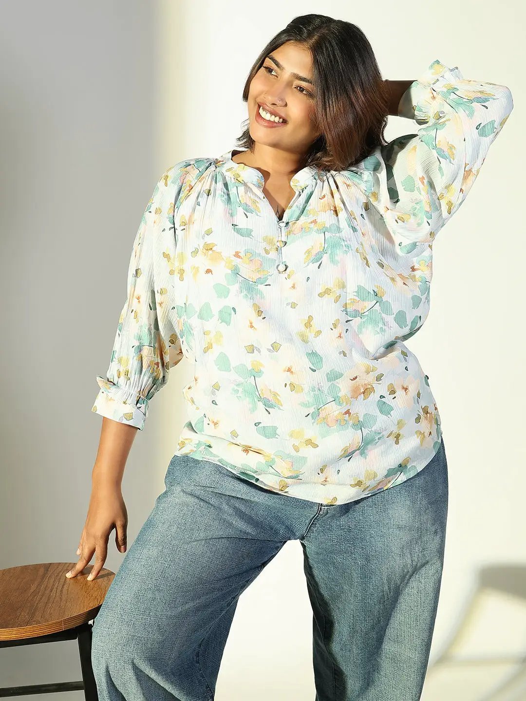 Women's Green Floral Printed Mandarin Collar Cotton Crepe Top