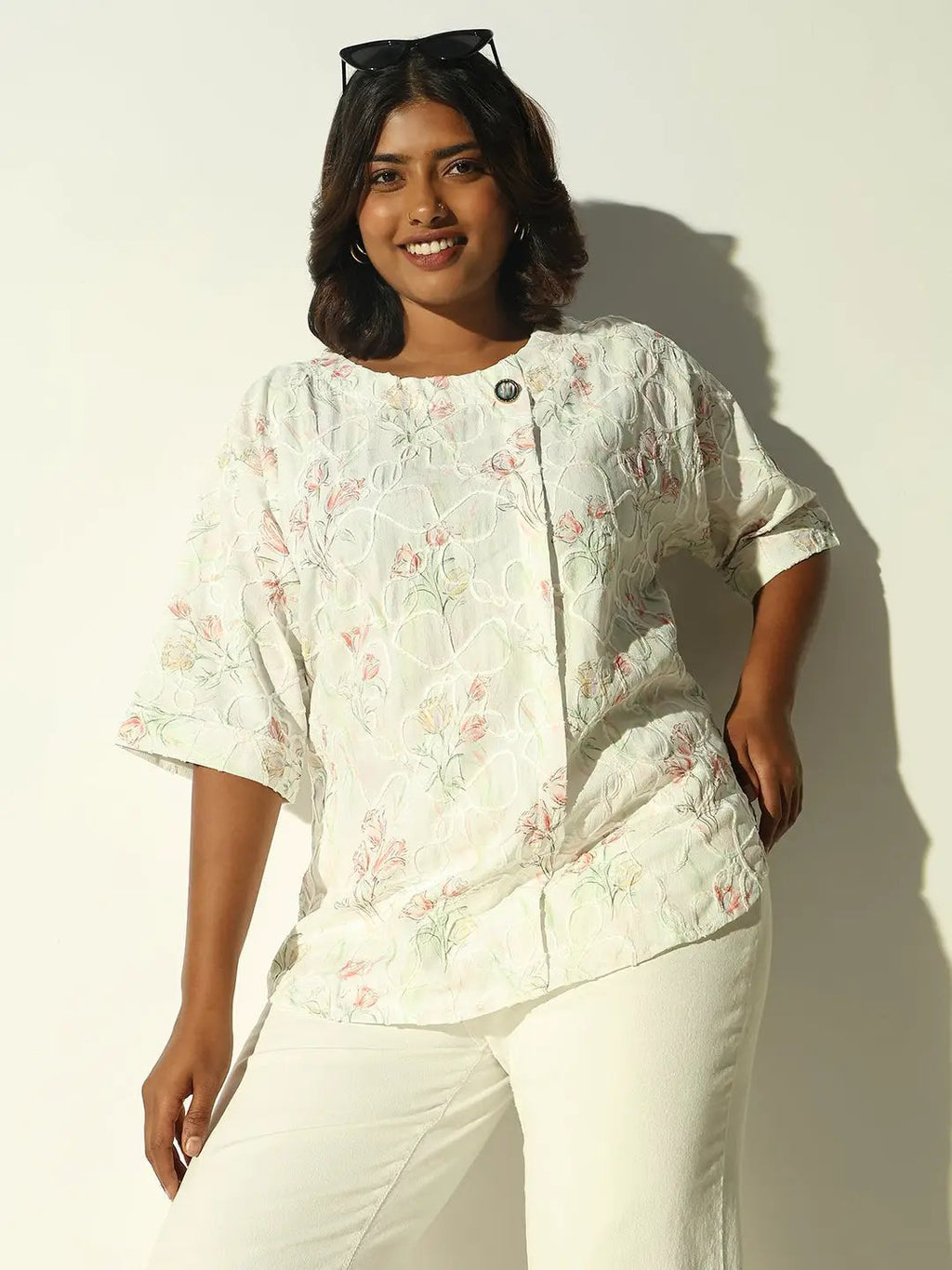 Women's Off White Floral Printed Embroidered Crepe Top