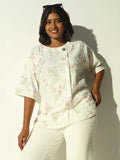 Women's Off White Floral Printed Embroidered Crepe Top