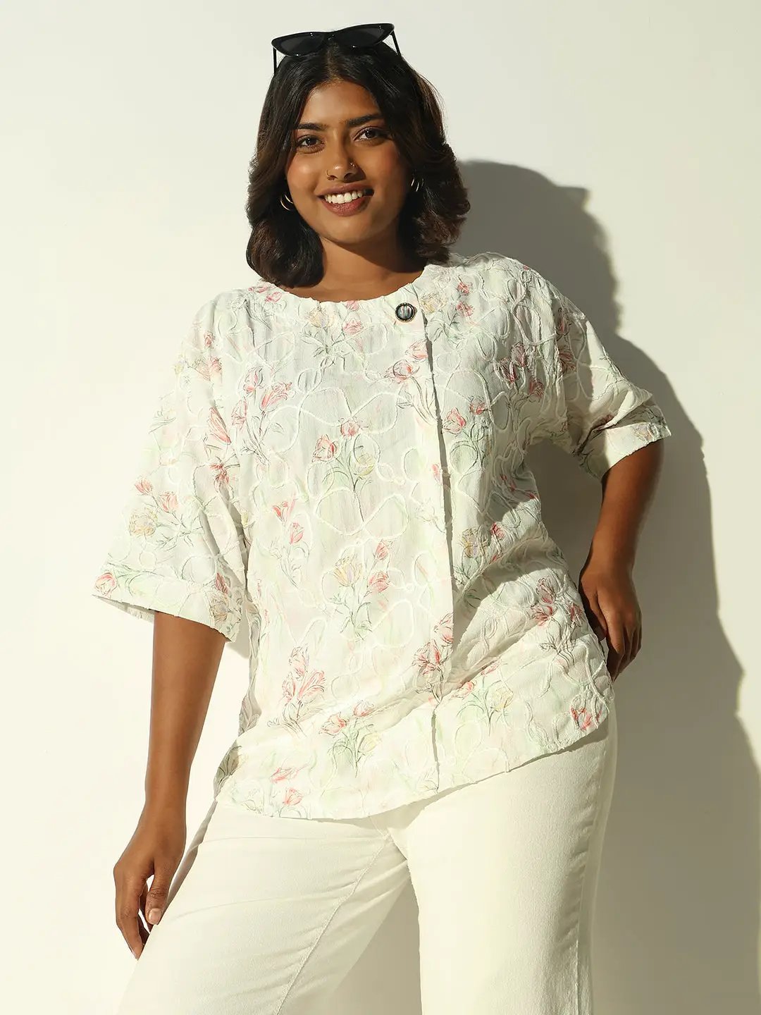 Women's Off White Floral Printed Embroidered Crepe Top