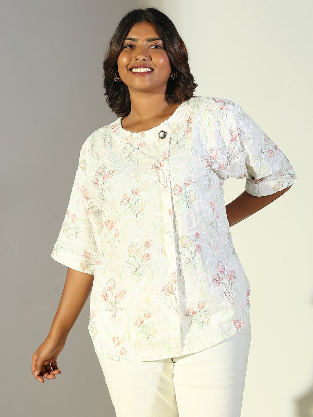 Women's Off White Floral Printed Embroidered Crepe Top