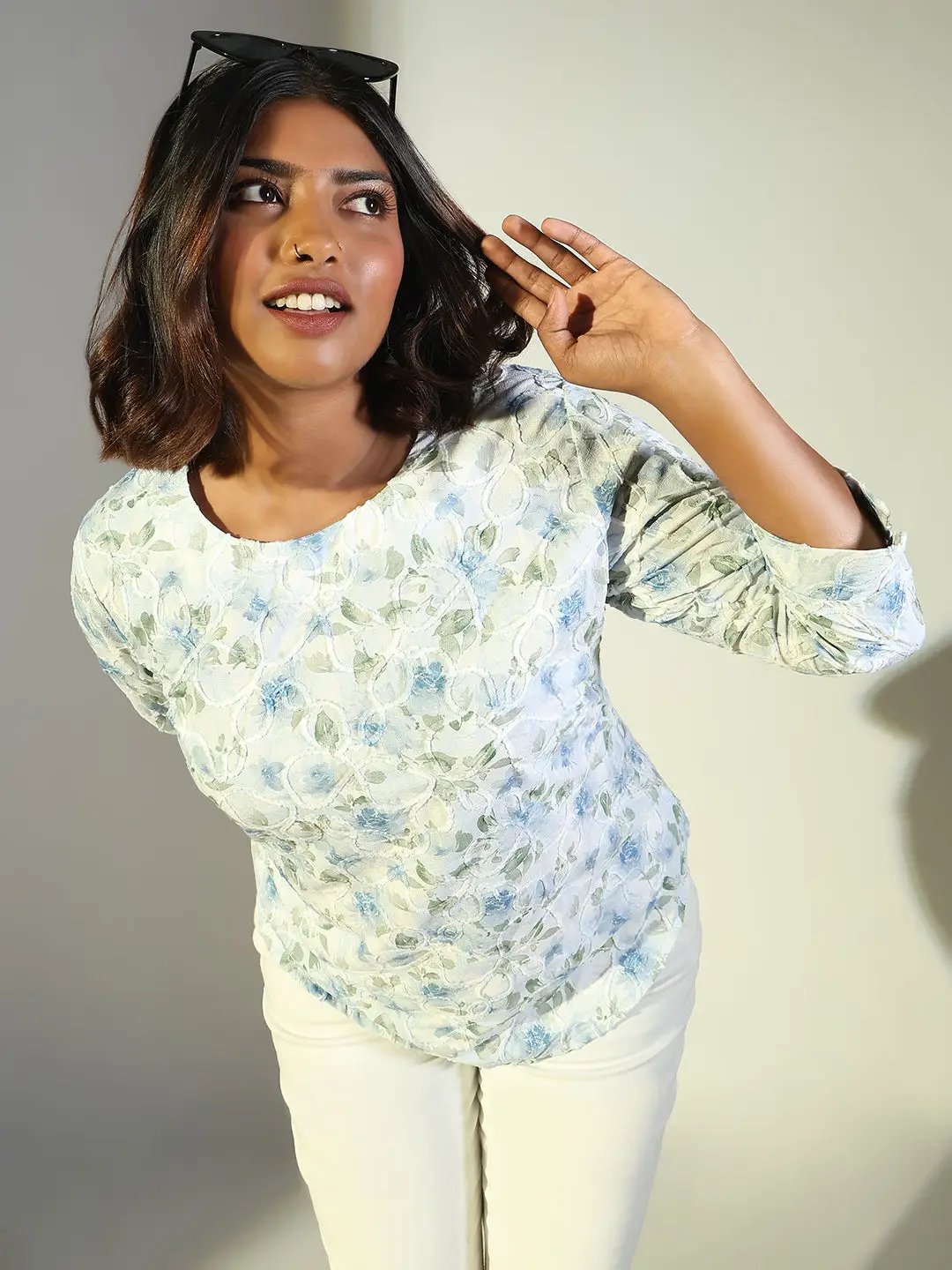 Women's Blue Floral Ethnic Printed Crepe Top
