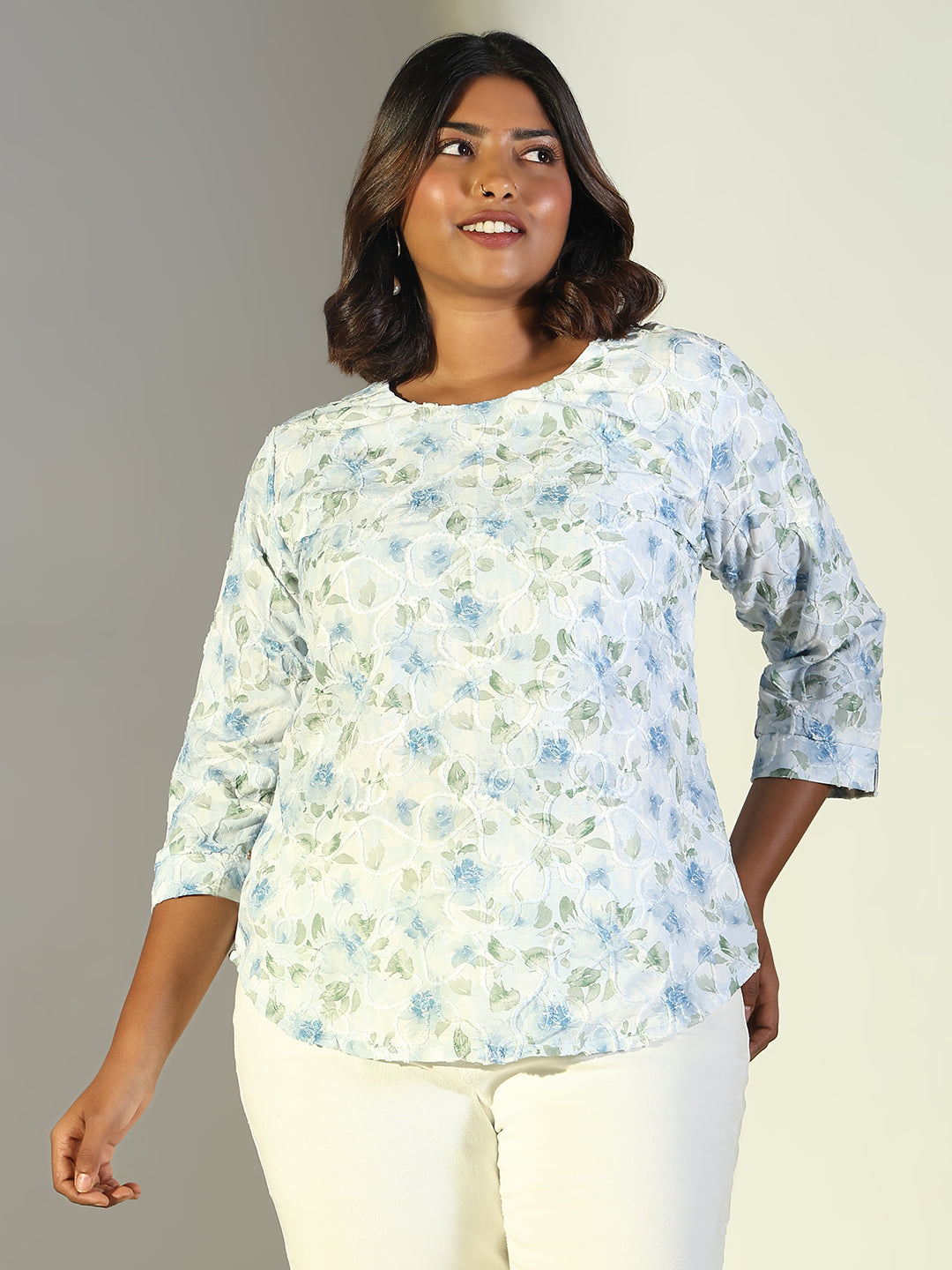 Women's Blue Floral Ethnic Printed Crepe Top