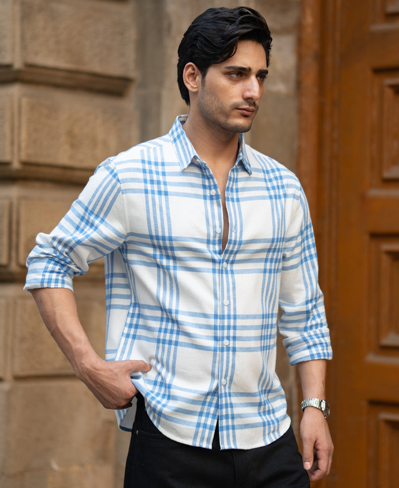 White & Royal Brushed Checks Shirt 100% Cotton
