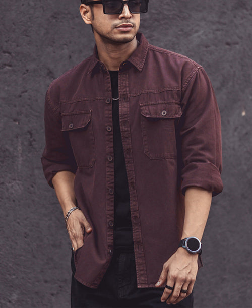 Dark Brown Denim Shacket Full Sleeves Shirt 100% Cotton