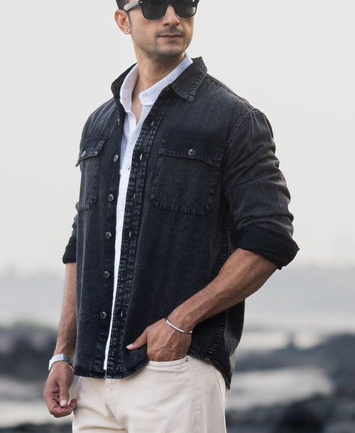 Black Charcoal Washed Denim Shirt 100% Cotton