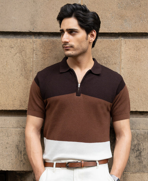 Brown & Beige Stripe Knit T-Shirt 100% Cotton