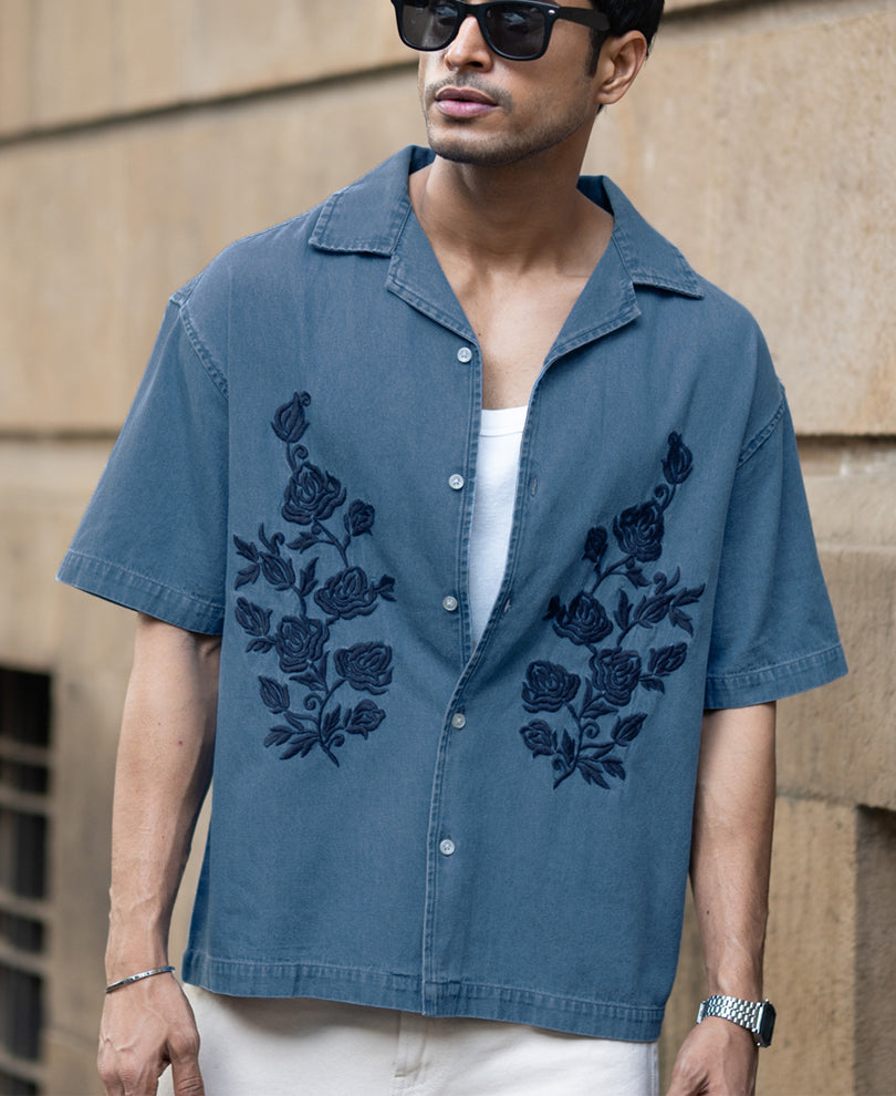 Mid Blue Embroidered Denim Shirt 100% Cotton