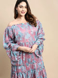 Women's Puff Pink Abstract Fit and Flare Dress