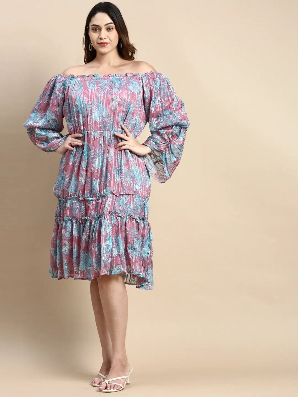 Women's Puff Pink Abstract Fit and Flare Dress