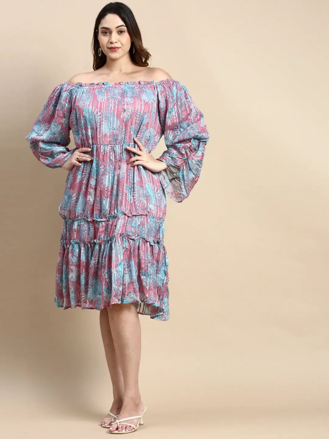 Women's Puff Pink Abstract Fit and Flare Dress