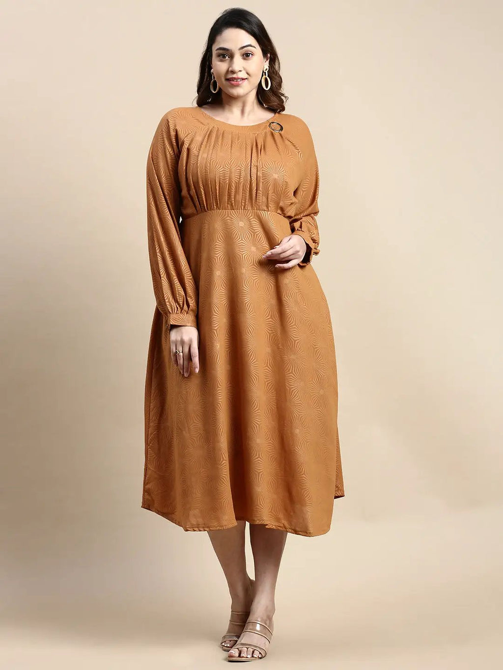 Women's Bishop Camel Brown Geometric Fit and Flare Dress