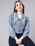 Women's Blue Washed Studded Drop Shoulder Crop Denim Jacket