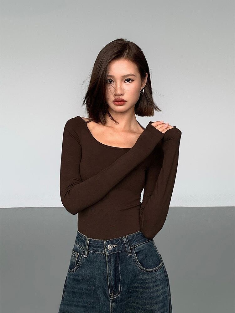 Fitted Scoop Tie Up Long Sleeve Top