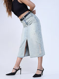Women's Embellished Blue Denim Midi Skirt with Front Slit