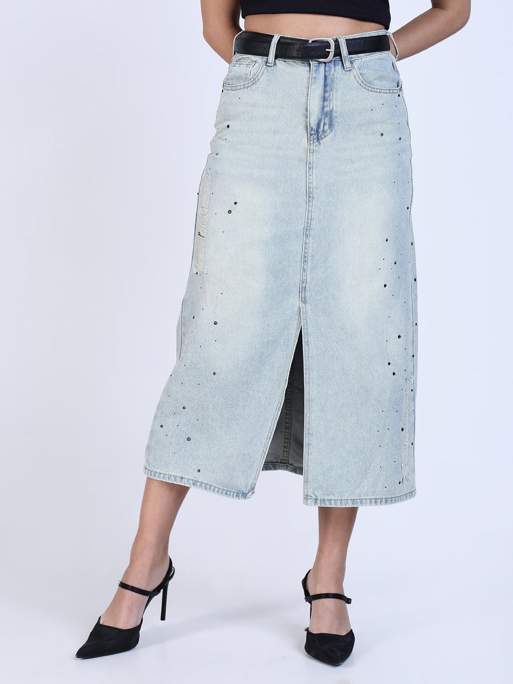 Women's Embellished Blue Denim Midi Skirt with Front Slit