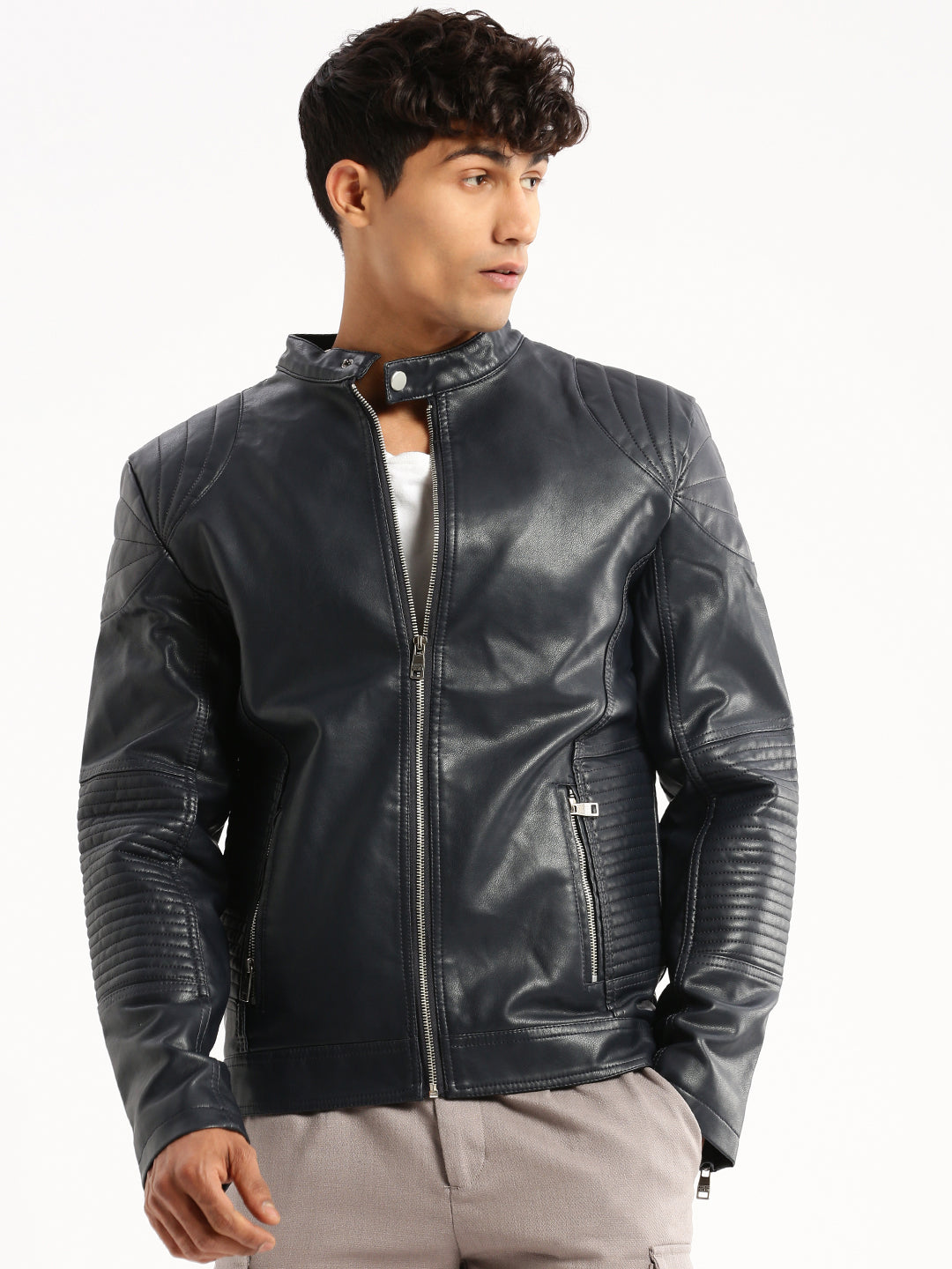 Men's Navy Blue Stand Collar Tailored Jacket