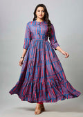 Teal Blue & Pink Muslin Long Dress