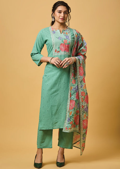 Dusty Green Cotton Straight Cut Kurti Set