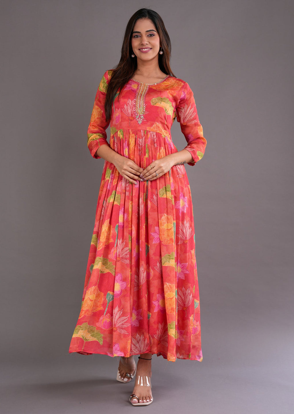 Coral Chinnon Long Dress