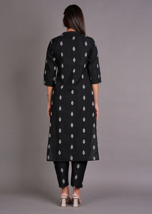 Black Cotton Straight Cut Kurti Set