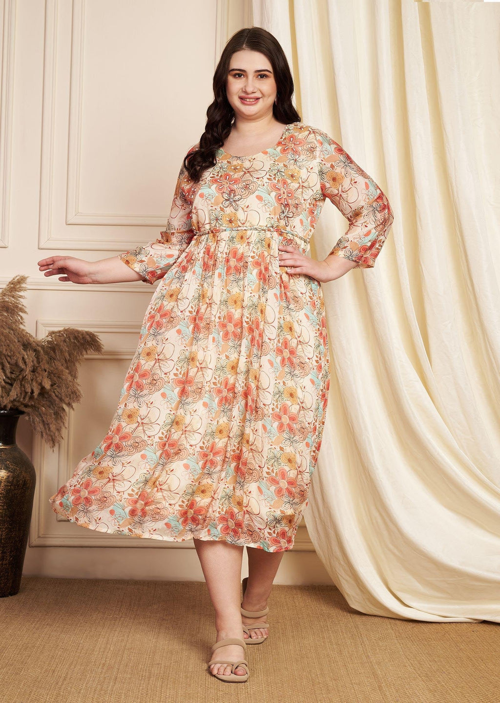 Beige Chinnon Midi Dress