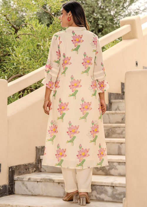 Cream Cotton Straight Cut Kurti Set