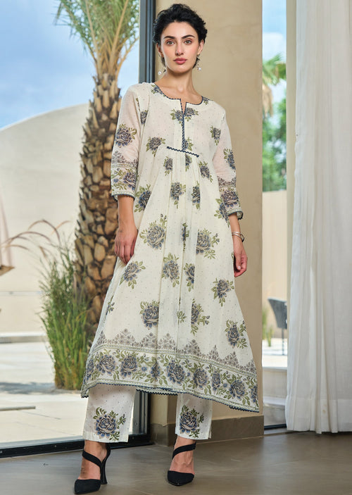 Cream Cotton Straight Cut Kurti Set