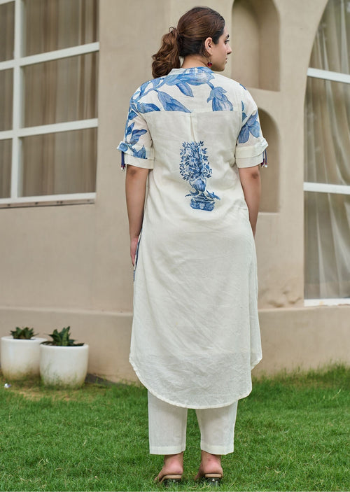 Blue Cotton Straight Cut Kurti Set