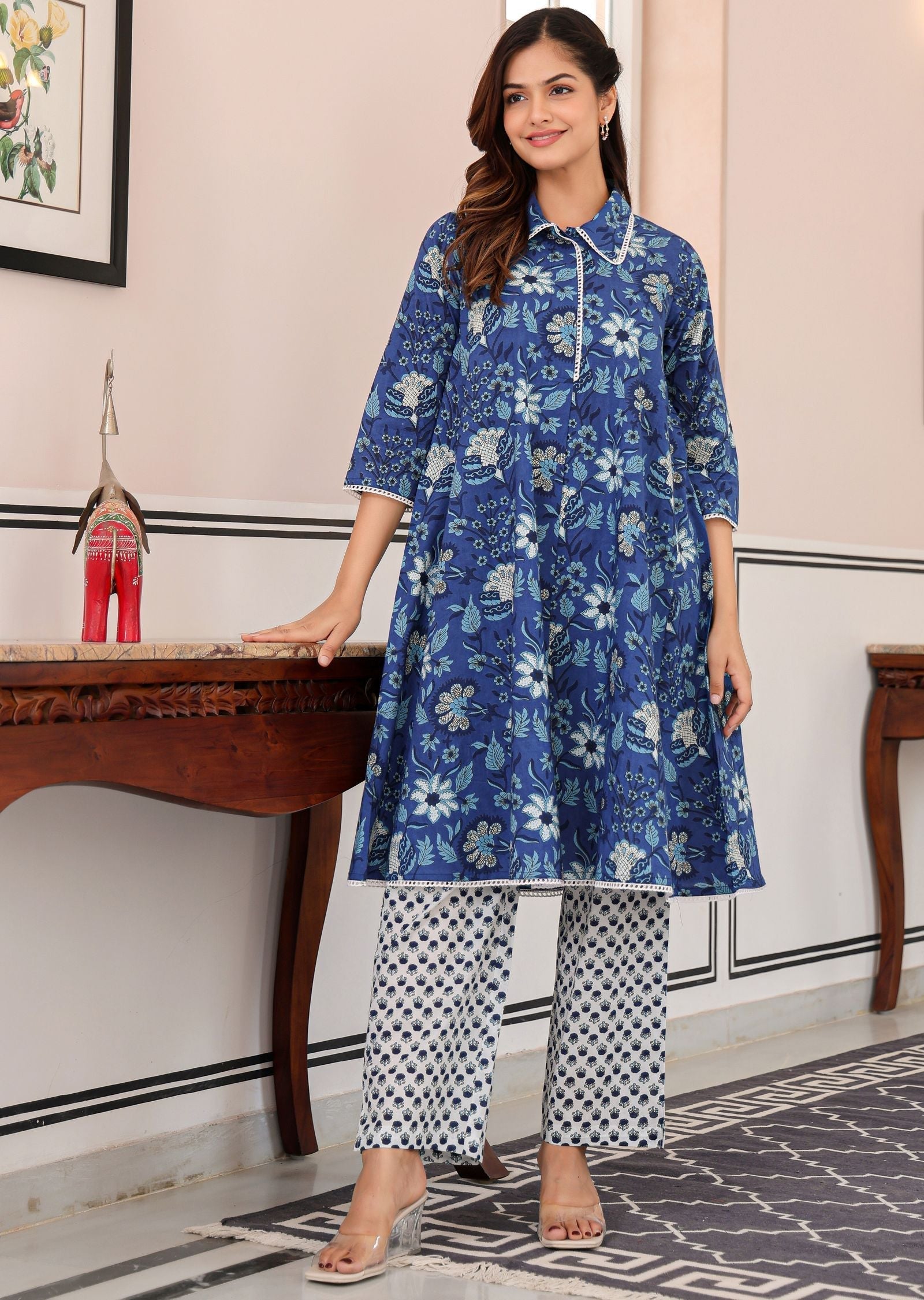 Blue Cotton Straight Cut Kurti Set