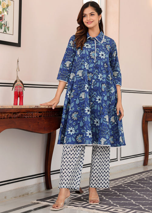 Blue Cotton Straight Cut Kurti Set