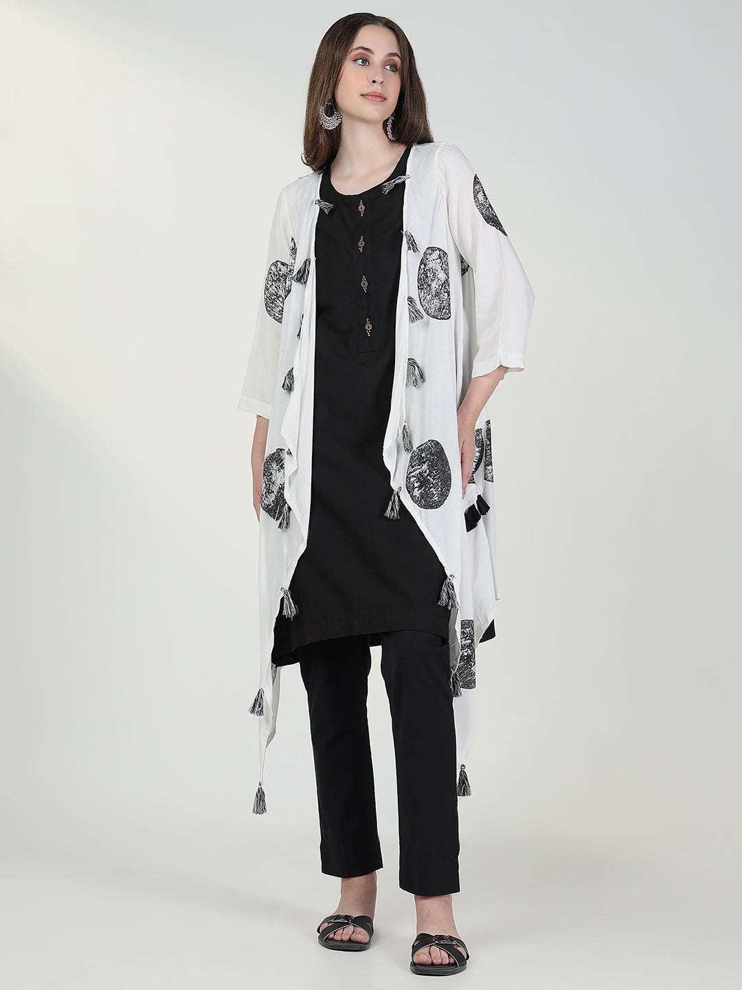 Women's Solid A Line Black Kurta with Coat