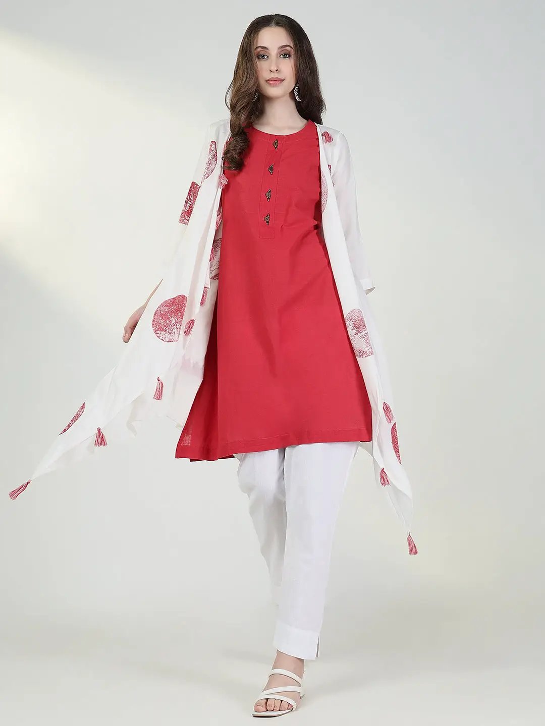 Women's Red Solid A Line Kurta with Coat