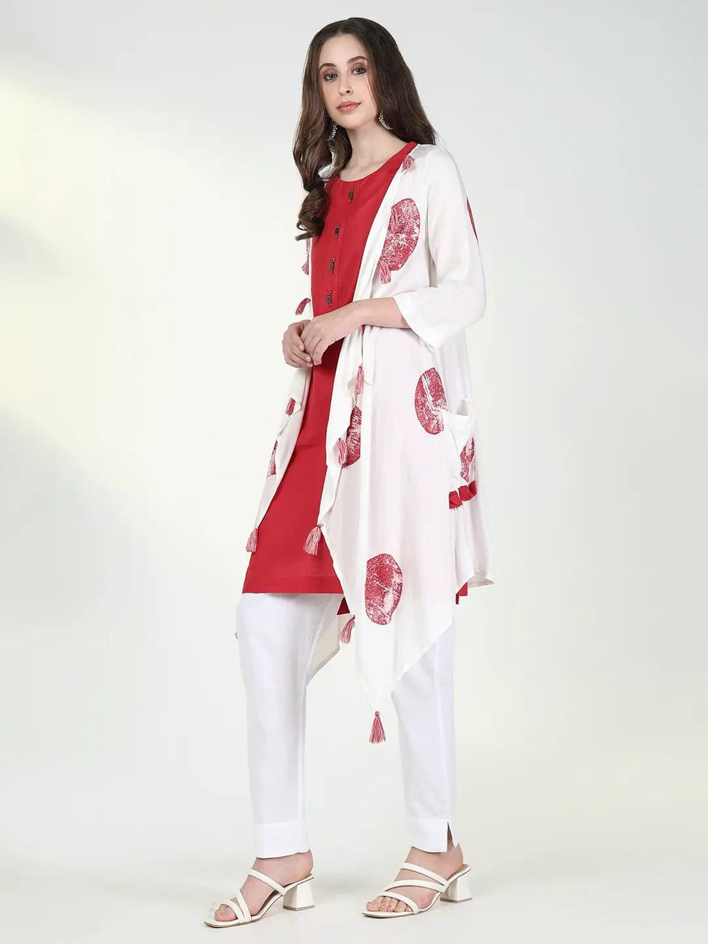 Women's Red Solid A Line Kurta with Coat