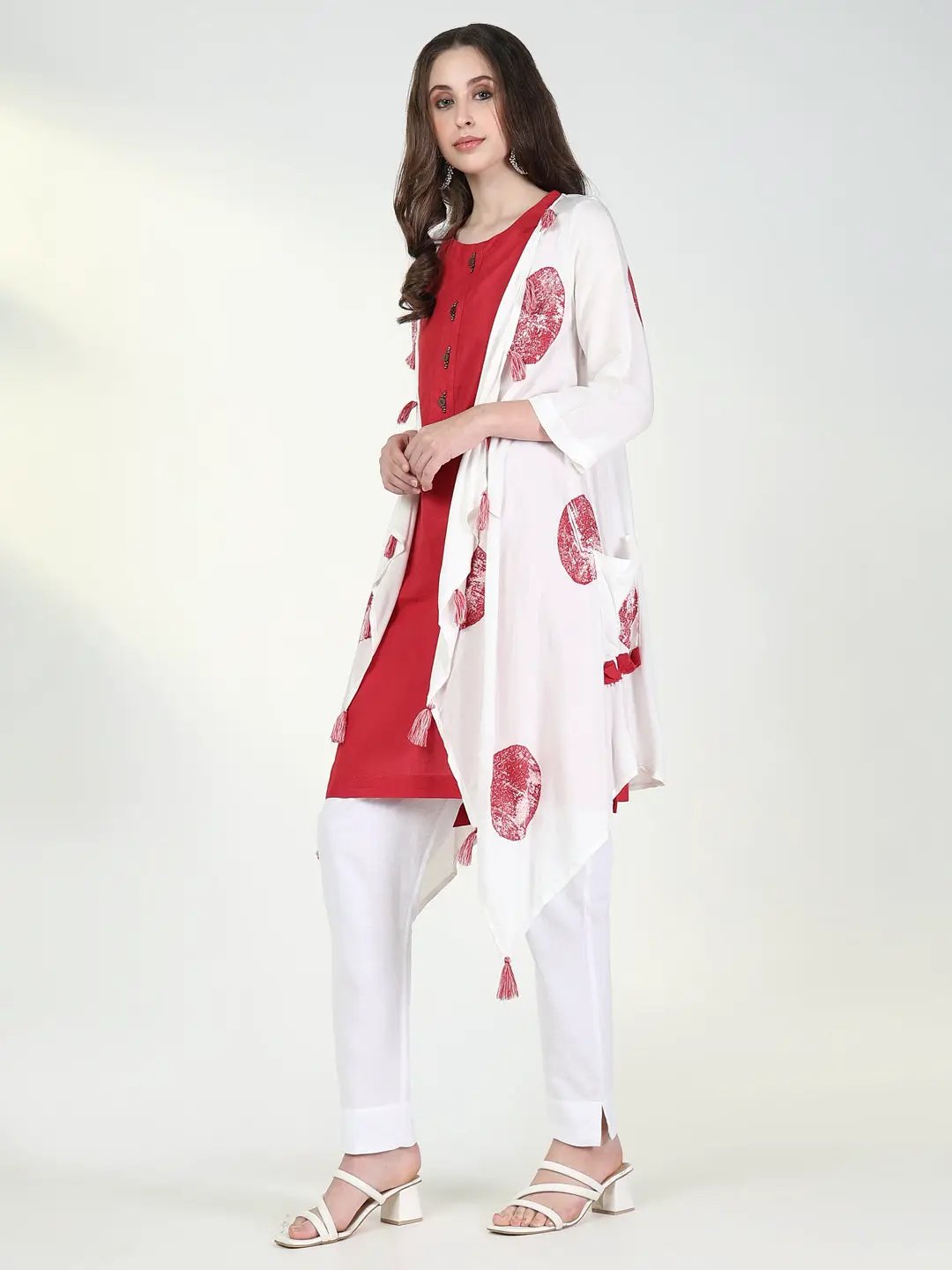 Women's Red Solid A Line Kurta with Coat
